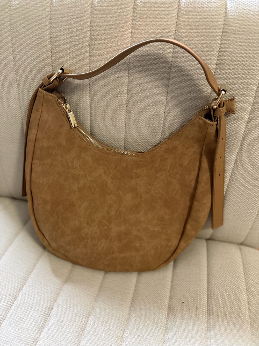 Camel Suede-Effect Hobo Bag with Gold Hardware